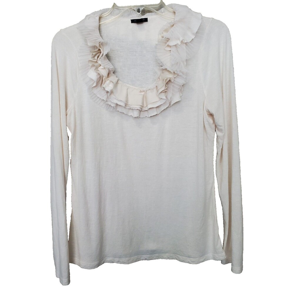 Ann Taylor Off-White Ruffle Neck Wool Blend Long Sleeve Shirt Size Large